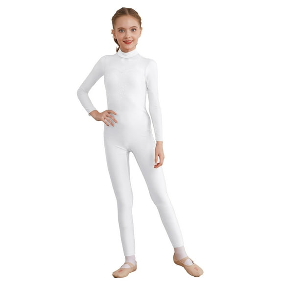 Haitryli Kids Girls Unitards Full Body Long Sleeve Gymnastics Leotard Sparkly Dance Skating Jumpsuit White 6