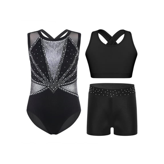 Haitryli Kids Glitter Gymnastics Outfits Girls Sleeveless Sparkly Leotard Ballet Dance Unitard Biketard Vest with Shorts Set Black Silver 6