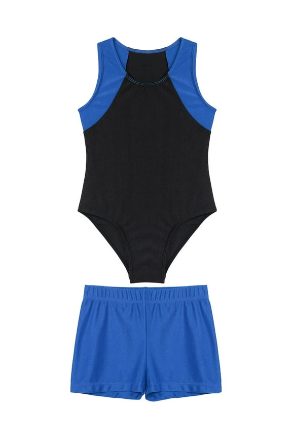 Kids Gymnastics Dance Outfit Boys Sport Leotard Athletic Bodysuit Unitard and Booty Shorts Set Blue 8