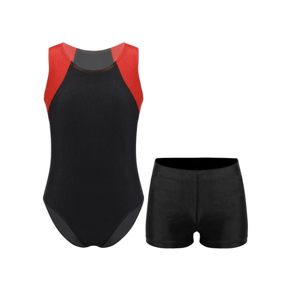 Haitryli Kids Gymnastics Dance Outfit Boys Sport Leotard Athletic Bodysuit Unitard and Booty Shorts Set Red&Black 10