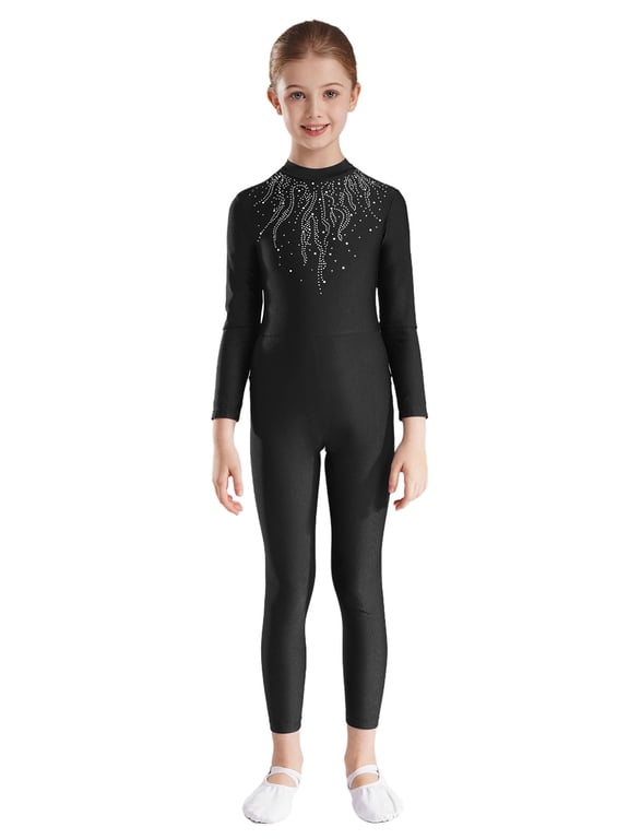 Kids Gymnastics Full Bodysuit Girls Athletic Full Body Leotard Long Sleeve Ballet Dance Unitard Jumpsuit Black 12