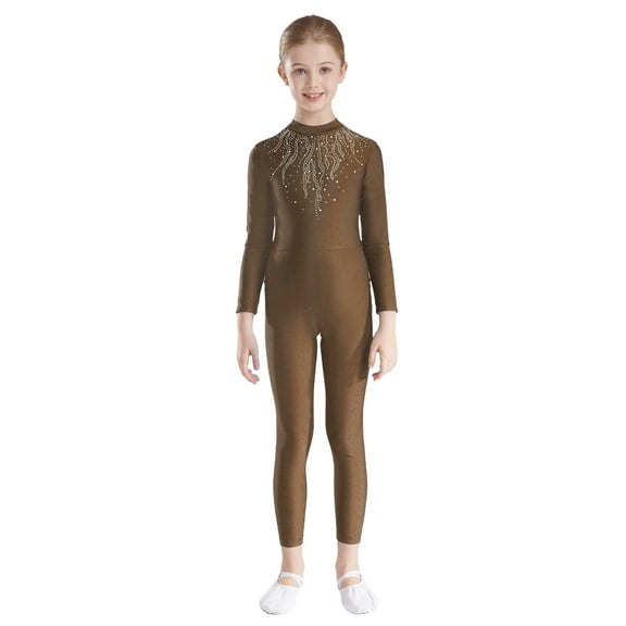 Haitryli Kids Gymnastics Full Bodysuit Girls Athletic Full Body Leotard Long Sleeve Ballet Dance Unitard Jumpsuit Brown 6