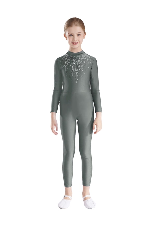 Kids Gymnastics Full Bodysuit Girls Athletic Full Body Leotard Long Sleeve Ballet Dance Unitard Jumpsuit Gray 12