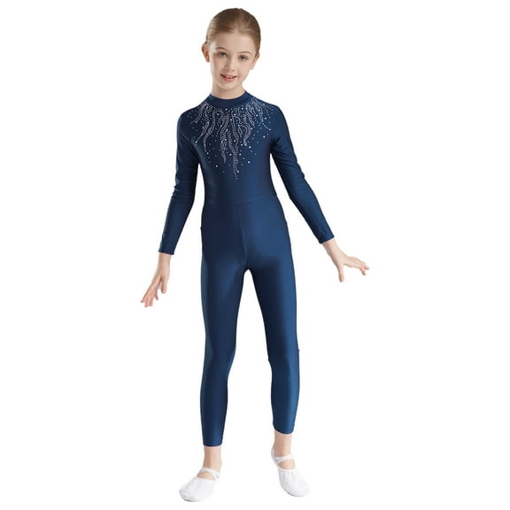 Haitryli Kids Gymnastics Full Bodysuit Girls Athletic Full Body Leotard Long Sleeve Ballet Dance Unitard Jumpsuit Navy Blue 12