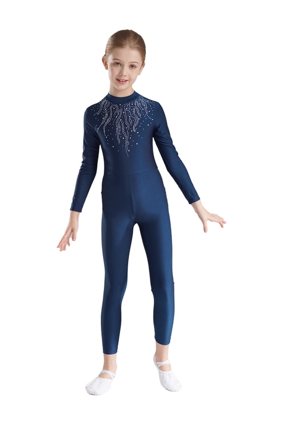 Kids Gymnastics Full Bodysuit Girls Athletic Full Body Leotard Long Sleeve Ballet Dance Unitard Jumpsuit Navy Blue 6