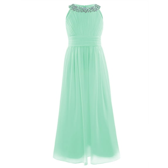 Haitryli Kids Haltered Neck Flower Girls Dress Rhinestone Chiffon Maxi Evening Gown for Pageant Mint Green 16
