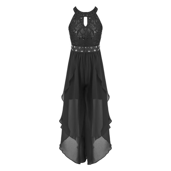 Haitryli Kids Lace Halter Neck Beaded Flower Girl Dress Chiffon Wedding Dance Romper Gown Black 8