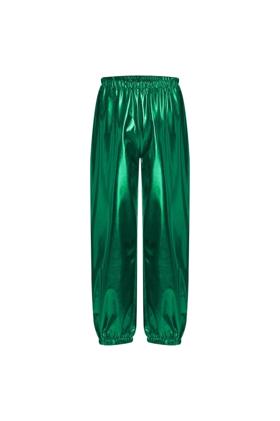 Kids Girls Boys Gymnastic Tights Jogger Pants Dancewear Shiny Metallic Hip Hop Street Dance Bottoms Green 120