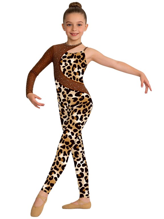 Kids One Shoulder Long Sleeve Gymnastics Unitard Training Dance Sparkle Yoga Full Length Leotard Leopard 10