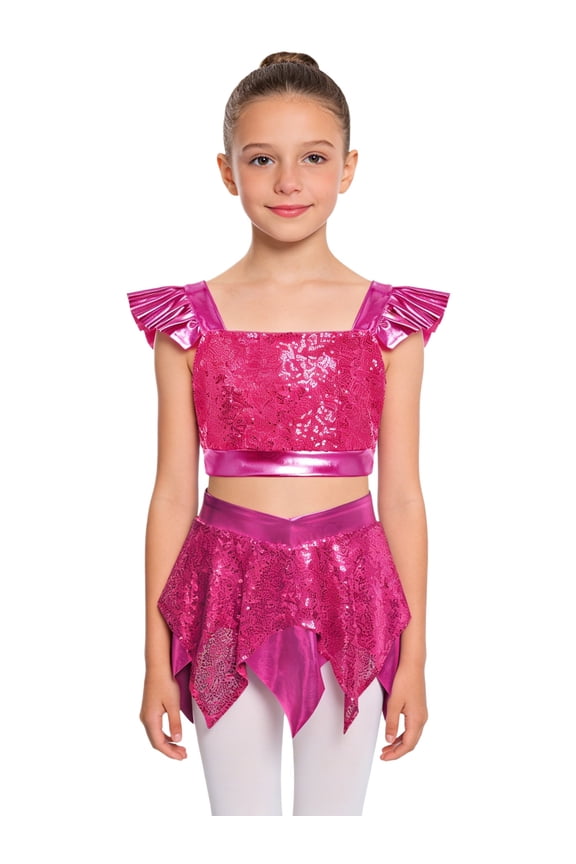 Kids Sequin Latin Dance Skirts Sets Shiny Skirt and Top Set Ballroom Dancewear Sets for Cha-cha Jazz Modern Hot Pink 6