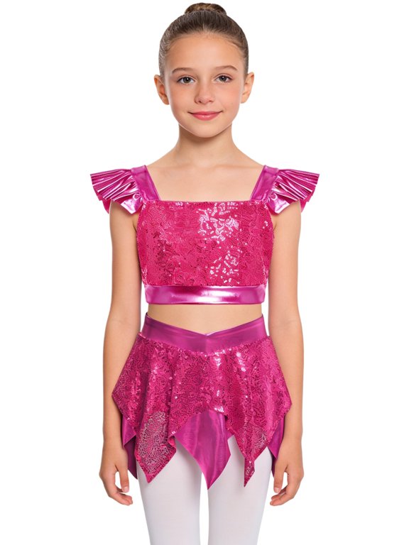 Kids Sequin Latin Dance Skirts Sets Shiny Skirt and Top Set Ballroom Dancewear Sets for Cha-cha Jazz Modern Hot Pink 6