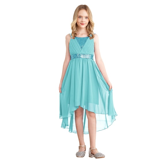 Haitryli Kids Sequins Pleated Birthday Party Prom Gown High-low Hem Flower Girls Dress Turquoise 4
