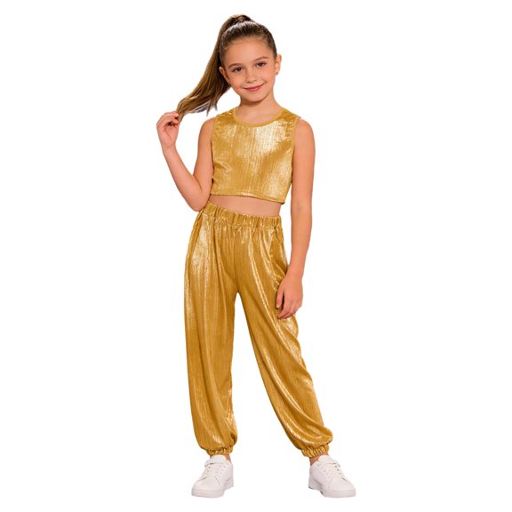 Haitryli Kids Shiny Jazz Disco Outfits Hip Hop Dance Shorts Sets Cheer Outfit for Competitions Ballet Gold 7-8
