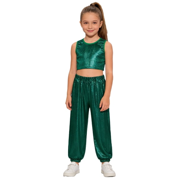 Haitryli Kids Shiny Jazz Disco Outfits Hip Hop Dance Shorts Sets Cheer Outfit for Competitions Ballet Green 7-8