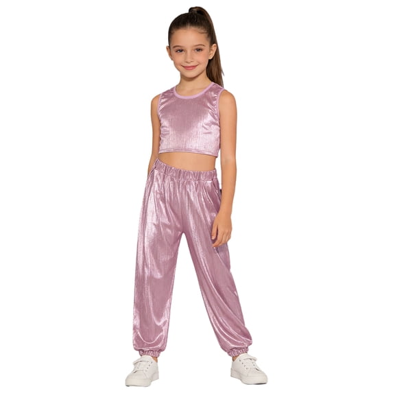 Haitryli Kids Shiny Jazz Disco Outfits Hip Hop Dance Shorts Sets Cheer Outfit for Competitions Ballet Pink 13-14