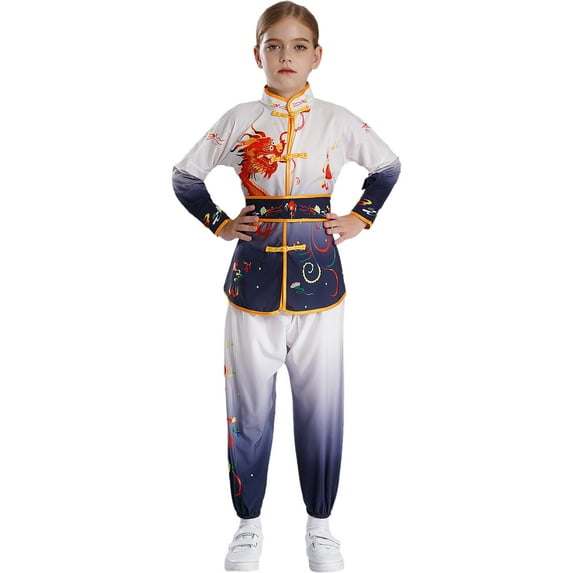 Haitryli Kids Unisex Chinese Kung Fu Costume Suit Long Sleeve Tops with Pants Belt Set Martial Arts Black 100