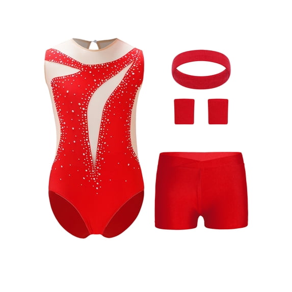 Haitryli Kids Workout Clothing Sets Tumbling Gymnastic Outfits Tank Ballet Unitard Clothes with Shorts A Red 16