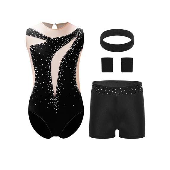 Haitryli Kids Workout Clothing Sets Tumbling Gymnastic Outfits Tank Ballet Unitard Clothes with Shorts B Black 8