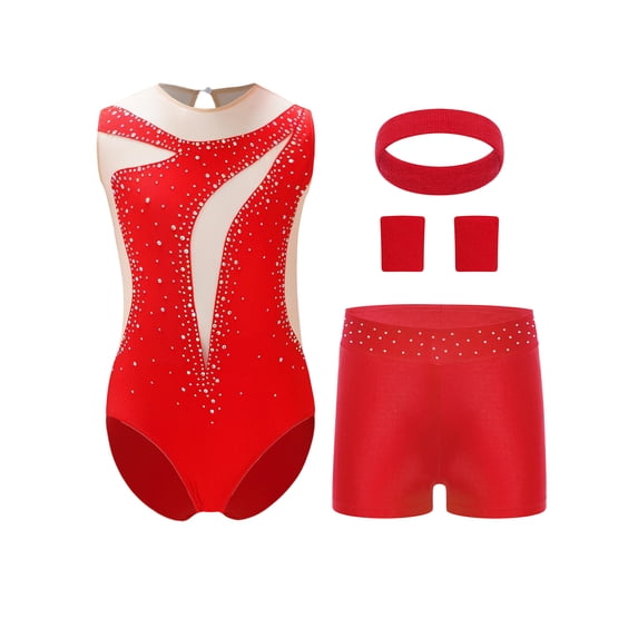 Haitryli Kids Workout Clothing Sets Tumbling Gymnastic Outfits Tank Ballet Unitard Clothes with Shorts B Red 8