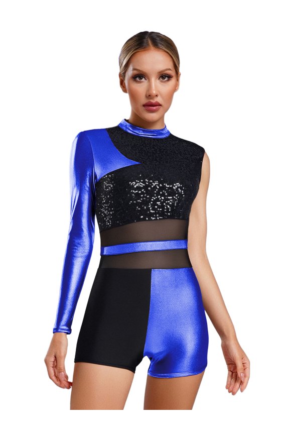 Latin Dance Leotard for Women One Piece Sequin Metallic Rompers Gymnastics Bodysuit Royal Blue S