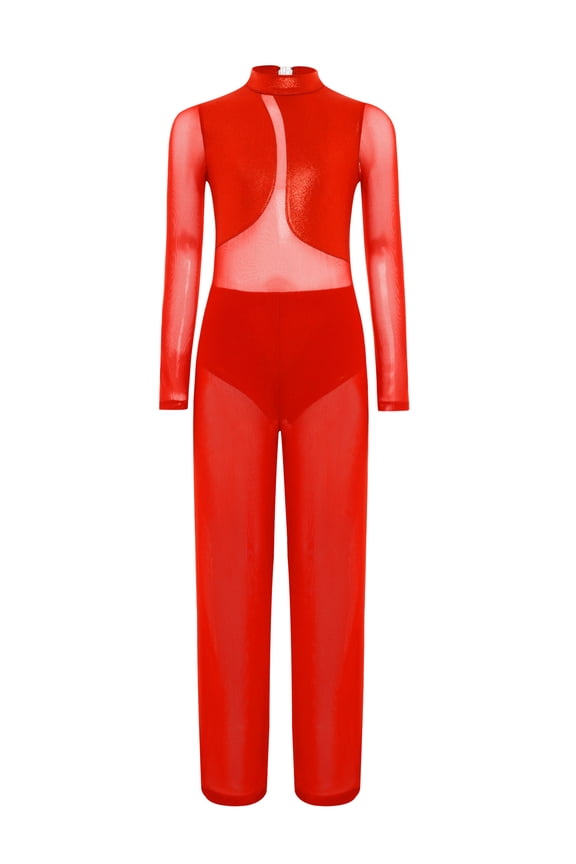 Little Girls Full Body Gymnastics Leotard Long Sleeve Unitard Dancewear Skating Jumpsuit Catsuit Red 14