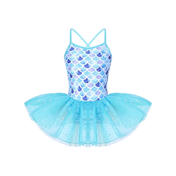 Haitryli Little Girls Metallic Mermaid Scales Gymnastics Leotard Tutu Skirts Swim Princess Costume Blue Fish Scales 6