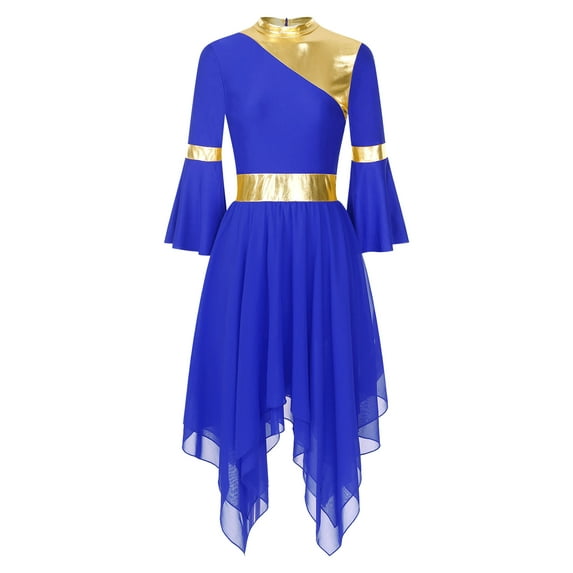 Haitryli Liturgical Praise Dance Dress For Women Color Block Asymmetrical Worship Dance Dress Church Blue M