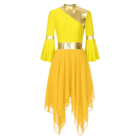 Haitryli Liturgical Praise Dance Dress For Women Color Block Asymmetrical Worship Dance Dress Church Yellow L