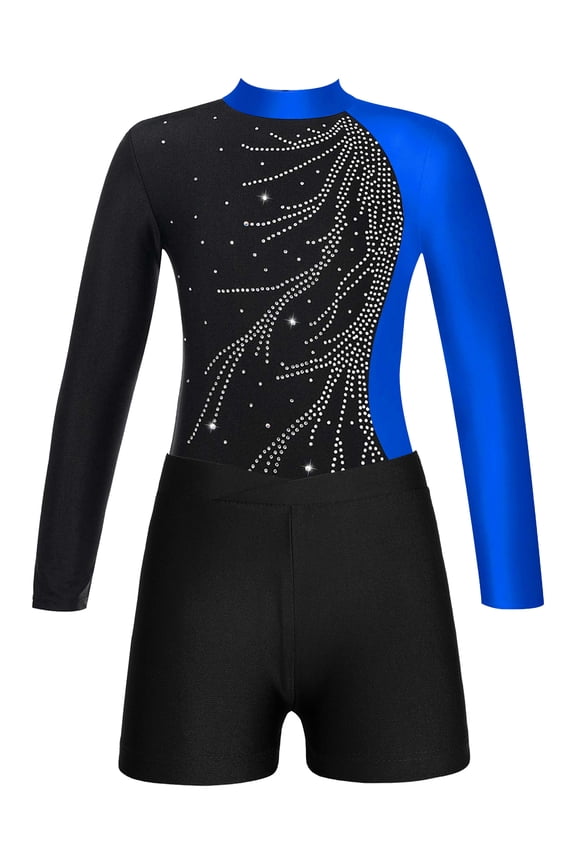 Long Sleeve Gymnastics Leotard Kids Girls with Athletic Shorts Ballet Dance Skating Unitard Dancewear Blue 8
