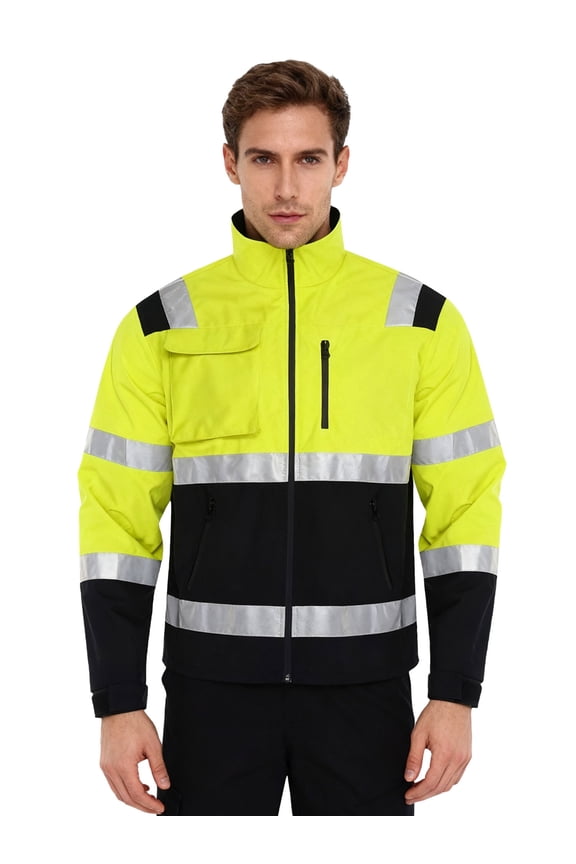 Men Adults Hi Vis Work Jacket Reflective Fleece Safety Jacket with Pockets High Visibility Outdoor Work Coat Fluorescent Green 3XL