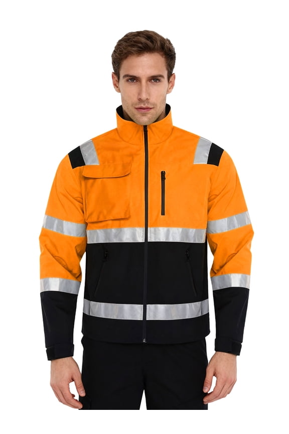 Men Adults Hi Vis Work Jacket Reflective Fleece Safety Jacket with Pockets High Visibility Outdoor Work Coat Orange M