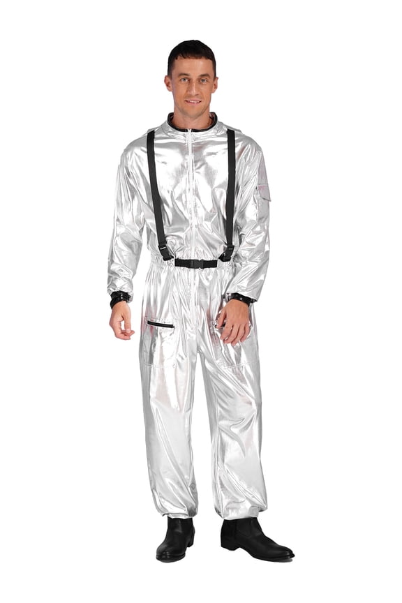 Men Astronaut Costume Adult Space Suit Jumpsuit Dress Up Costume for Cosplay Halloween Silver L