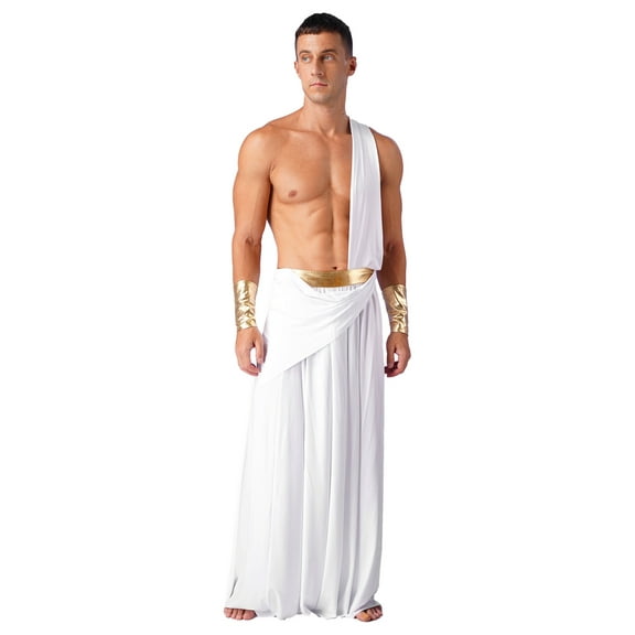 Haitryli Men Greek Ancient Costume Roman God Toga Robe Warrior Senator Caesar Halloween Cosplay White XL