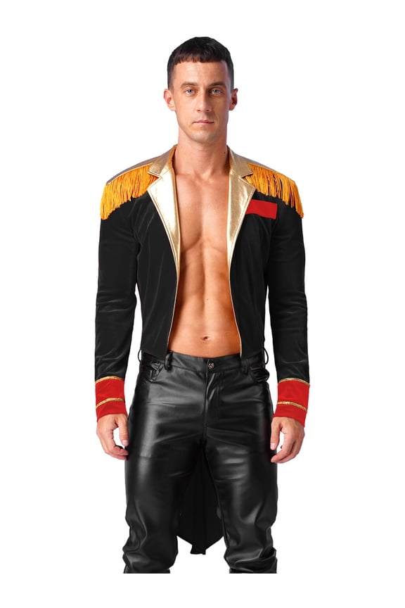 Men's Adult Circus Ringmaster Costume Open Front Velvet Tassel Long Tailcoat Jacket Coat Black S
