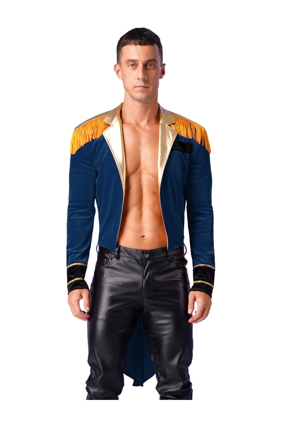 Men's Adult Circus Ringmaster Costume Open Front Velvet Tassel Long Tailcoat Jacket Coat Dark Blue L