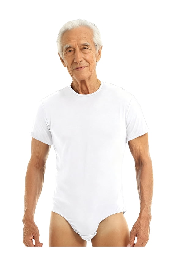 Men's Alzheimer's Clothing Crew Neck Short Sleeve Adaptive Bodysuit Caring Nursing Leotard White 4XL