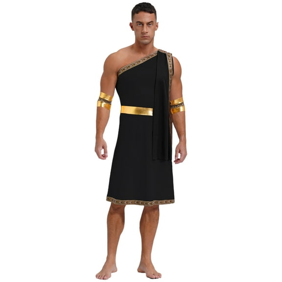 Haitryli Men's Ancient Greek God Toga with Sleeves One Shoulder Halloween Costume Tunic Role Play Black XL