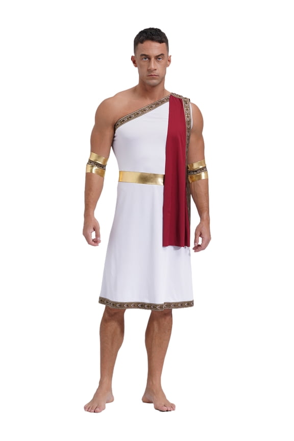 Men's Ancient Greek God Toga with Sleeves One Shoulder Halloween Costume Tunic Role Play Burgundy M