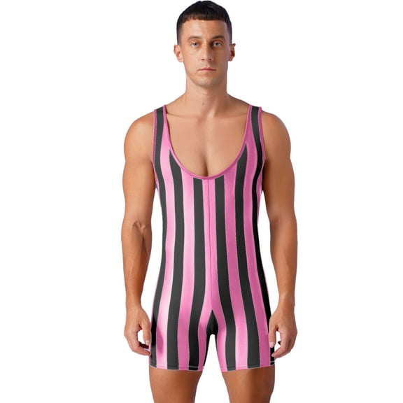 Haitryli Men's Athletic Wrestling Singlets Striped Rainbow One-piece Bodysuit Boxer Underwear Hot Pink S