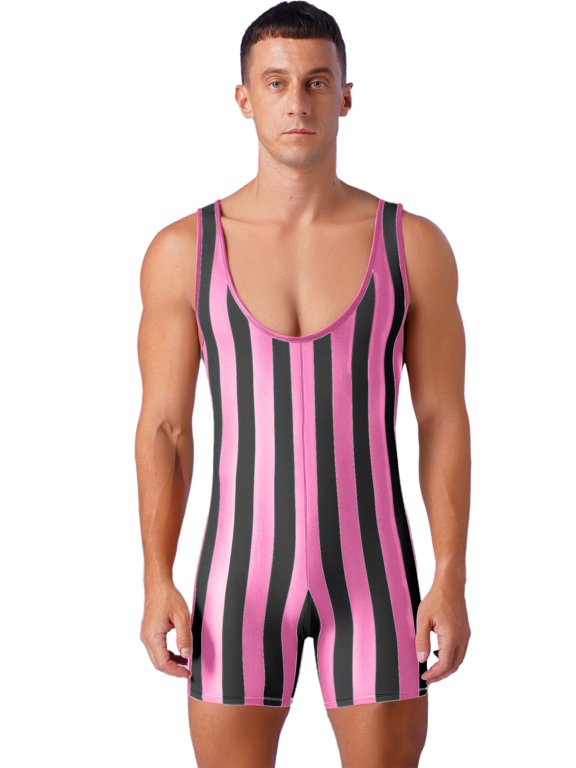 Men's Athletic Wrestling Singlets Striped Rainbow One-piece Bodysuit Boxer Underwear Hot Pink S