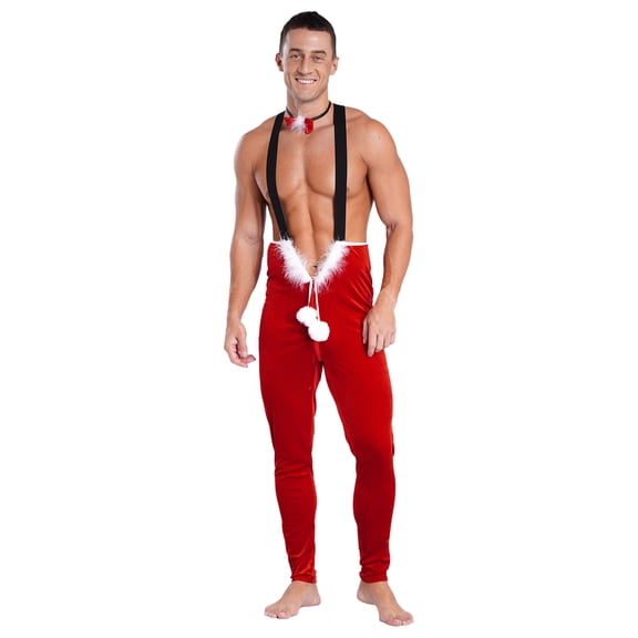 Haitryli Men's Christmas Bodysuits Santa Claus Costume Elastic Suspender Strap Jumpsuit Cosplay Red L
