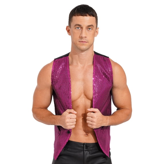 Haitryli Men's Glitter Sequins Waistcoat Sleeveless Vest Disco Party Club Wear Hot Pink L