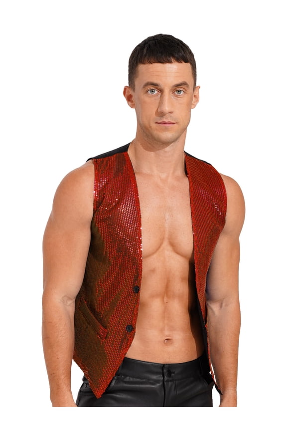 Men's Glitter Sequins Waistcoat Sleeveless Vest Disco Party Club Wear Red M
