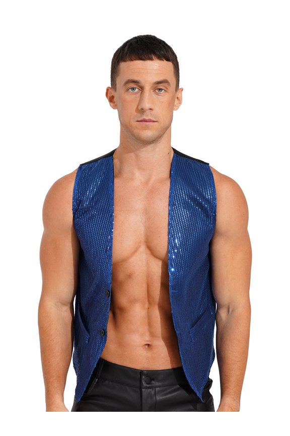 Men's Glitter Sequins Waistcoat Sleeveless Vest Disco Party Club Wear Royal Blue M