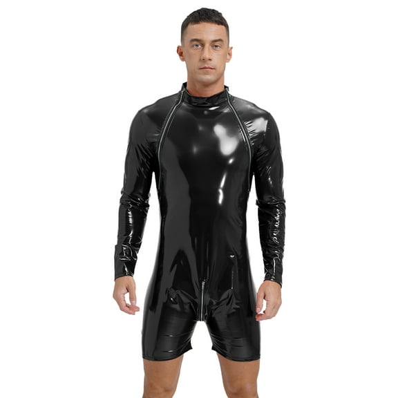 Haitryli Men's Latex Bodysuit Half Short Body Leotard Long Sleeves Unitard Bodysuit Overall Black L