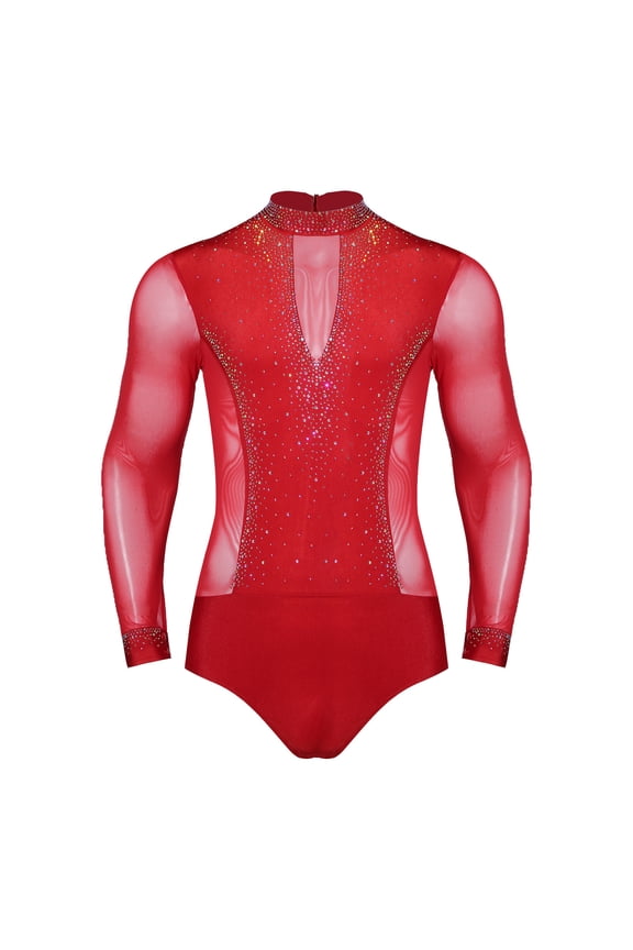 Men's Latin Dance Outfit Long Sleeve Ballroom Dance Leotard Unitard Tango Jazz Dance Red S
