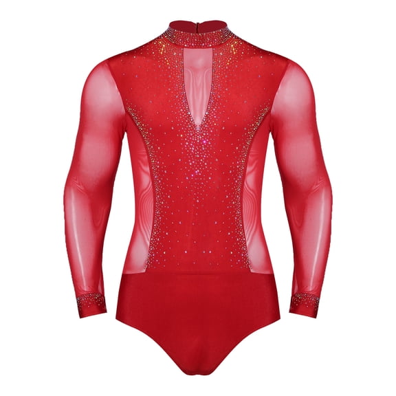 Haitryli Men's Latin Dance Outfit Long Sleeve Ballroom Dance Leotard Unitard Tango Jazz Dance White M