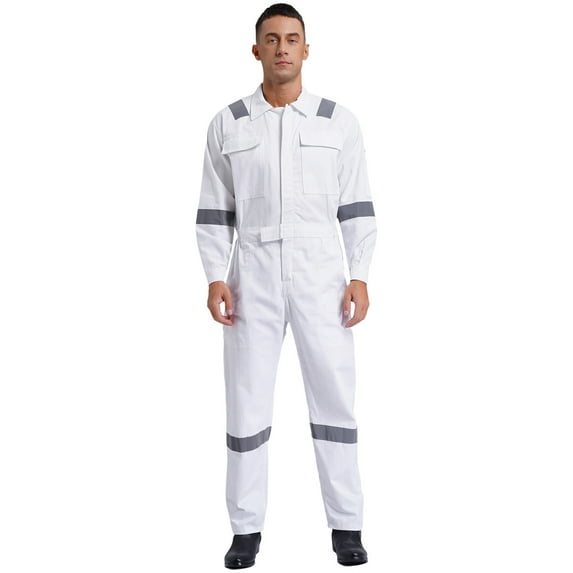 Haitryli Men's Long Sleeve Cotton Coverall Reflective Strips One Piece Jumpsuit with Pockets White M/165