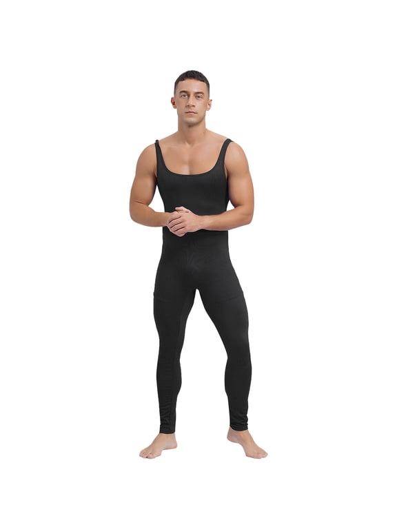 Men's One Piece Athletic Unitard Full Body Jumpsuit Spandex Dancewear Catsuit Tank Rompers Black 3XL