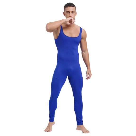 Haitryli Men's One Piece Athletic Unitard Full Body Jumpsuit Spandex Dancewear Catsuit Tank Rompers Blue L